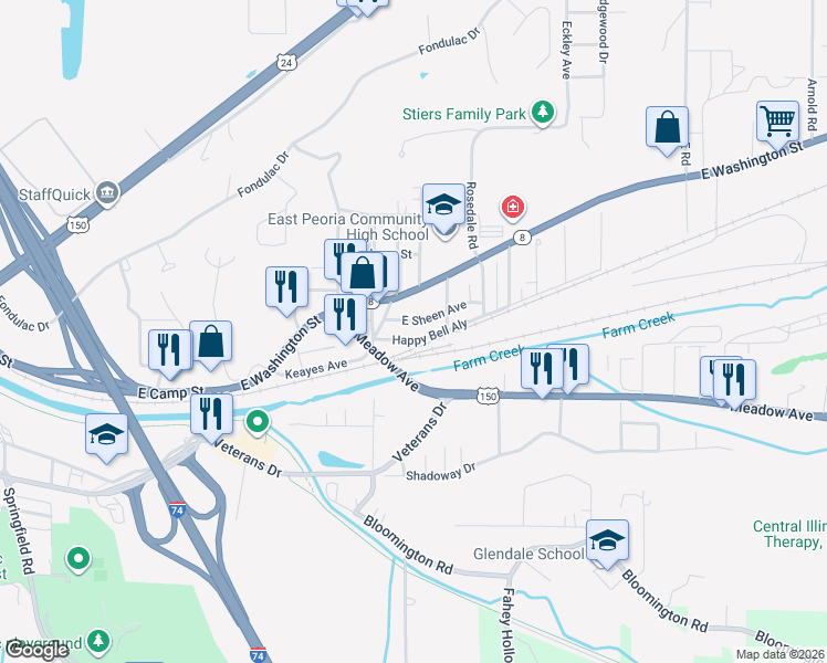 map of restaurants, bars, coffee shops, grocery stores, and more near 138 E Sheen Ave in East Peoria