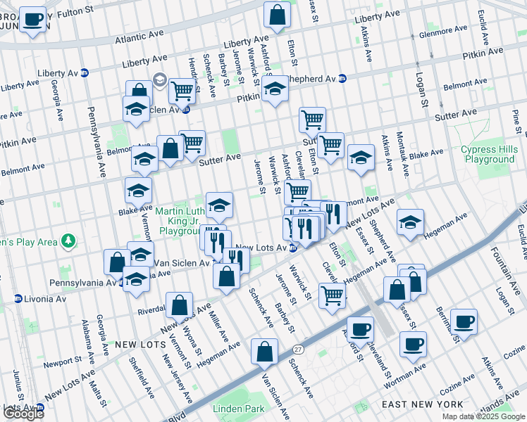 map of restaurants, bars, coffee shops, grocery stores, and more near 542 Jerome Street in Brooklyn