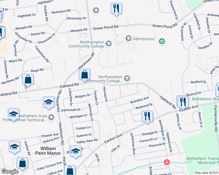 map of restaurants, bars, coffee shops, grocery stores, and more near 3450 Laubach Lane in Bethlehem