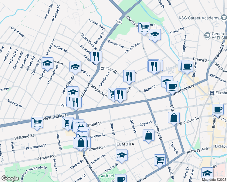 map of restaurants, bars, coffee shops, grocery stores, and more near 11 Gibson Pl in Elizabeth