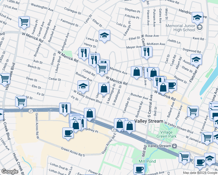 map of restaurants, bars, coffee shops, grocery stores, and more near 27 South Terrace Place in Valley Stream