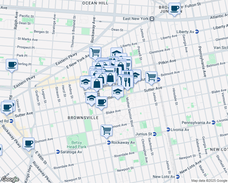 map of restaurants, bars, coffee shops, grocery stores, and more near 315 Sutter Avenue in Brooklyn