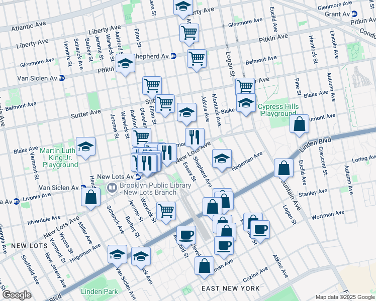 map of restaurants, bars, coffee shops, grocery stores, and more near 660 Shepherd Avenue in Brooklyn