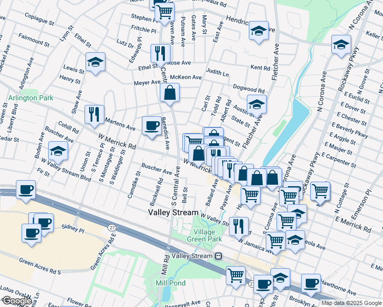 map of restaurants, bars, coffee shops, grocery stores, and more near 19 Hancock Place in Valley Stream