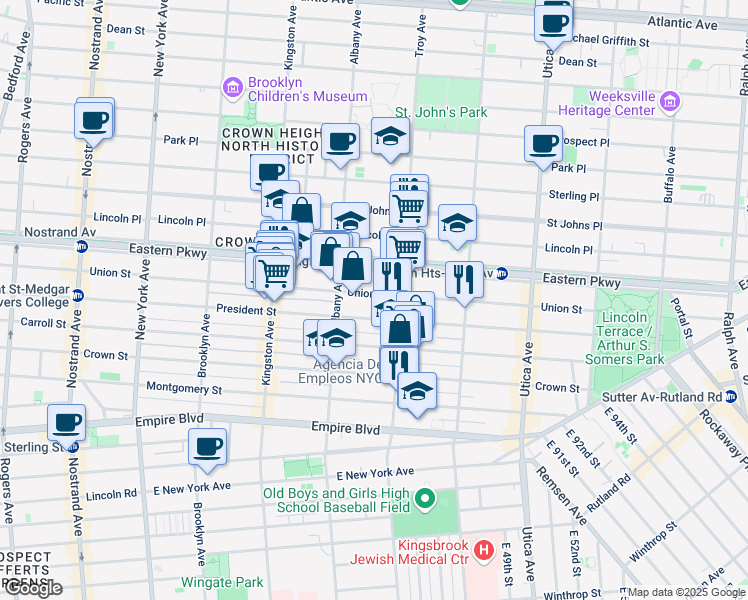 map of restaurants, bars, coffee shops, grocery stores, and more near 1550 Union Street in Brooklyn