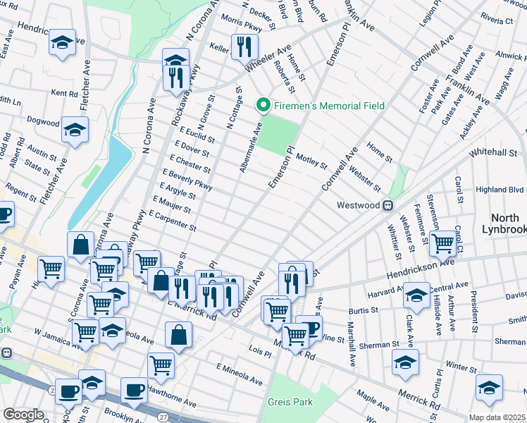map of restaurants, bars, coffee shops, grocery stores, and more near 168 East Beverly Parkway in Valley Stream