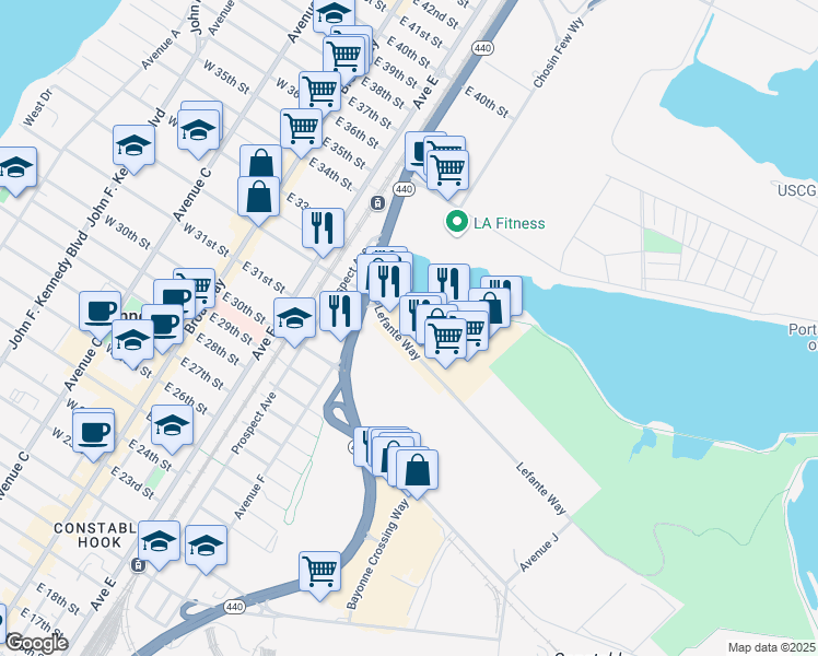 map of restaurants, bars, coffee shops, grocery stores, and more near 191 Lefante Way in Bayonne