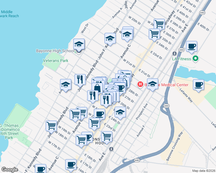 map of restaurants, bars, coffee shops, grocery stores, and more near 630 Avenue C in Bayonne