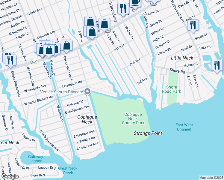 map of restaurants, bars, coffee shops, grocery stores, and more near 15 Sands Lane in Lindenhurst