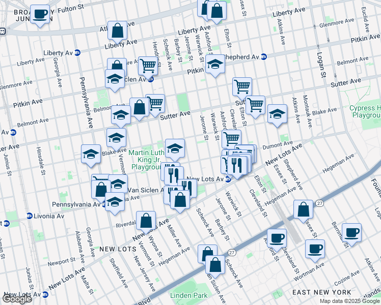 map of restaurants, bars, coffee shops, grocery stores, and more near 515 Schenck Avenue in Brooklyn