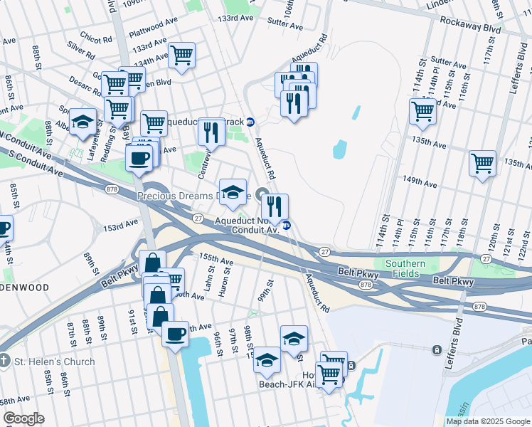 map of restaurants, bars, coffee shops, grocery stores, and more near 32 Hawtree Street in Queens