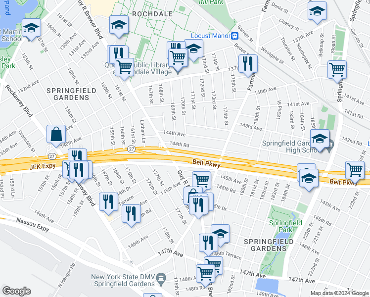 map of restaurants, bars, coffee shops, grocery stores, and more near 169-24 144th Road in Queens