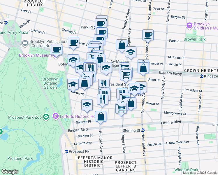 map of restaurants, bars, coffee shops, grocery stores, and more near 1585 Bedford Avenue in Brooklyn