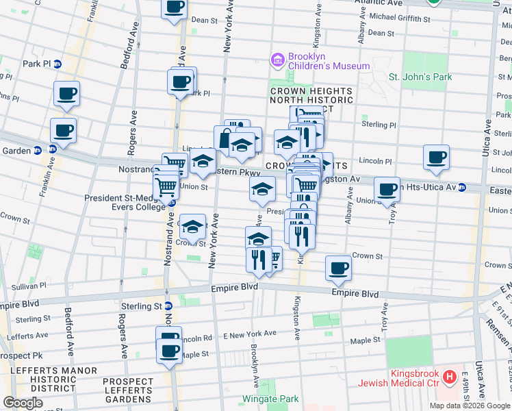 map of restaurants, bars, coffee shops, grocery stores, and more near 1333 President Street in Brooklyn