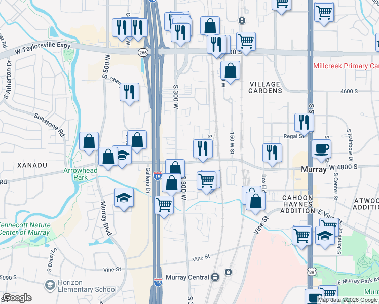 map of restaurants, bars, coffee shops, grocery stores, and more near 269 Apple Cross Way in Murray