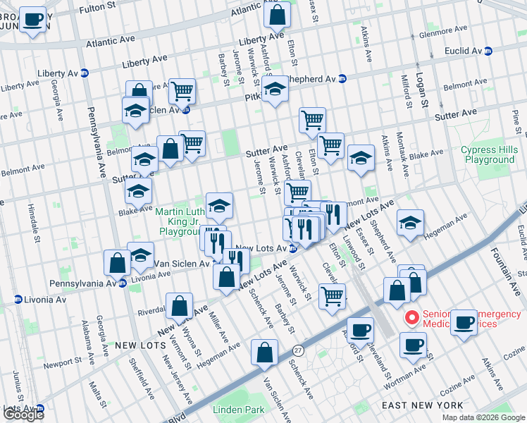 map of restaurants, bars, coffee shops, grocery stores, and more near 542 Jerome Street in Brooklyn
