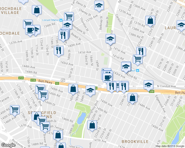 map of restaurants, bars, coffee shops, grocery stores, and more near 143-19 184th Street in Queens