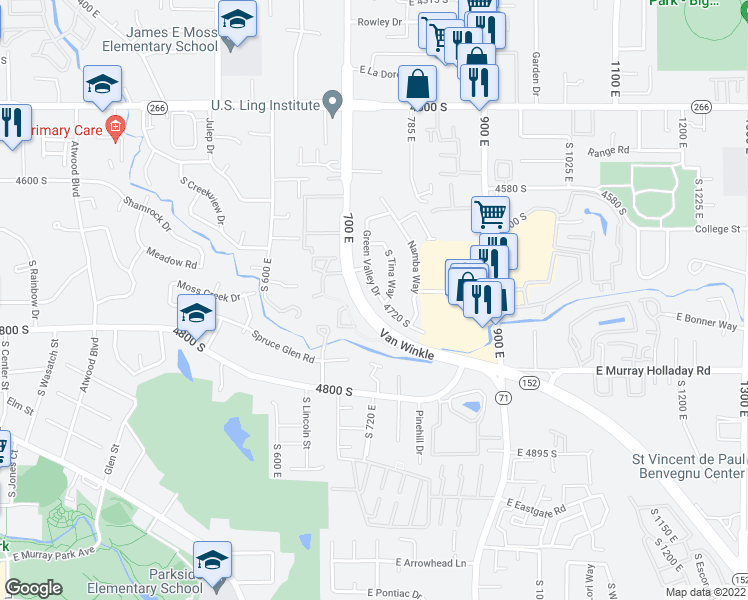 map of restaurants, bars, coffee shops, grocery stores, and more near 4688 South Green Valley Drive in Murray