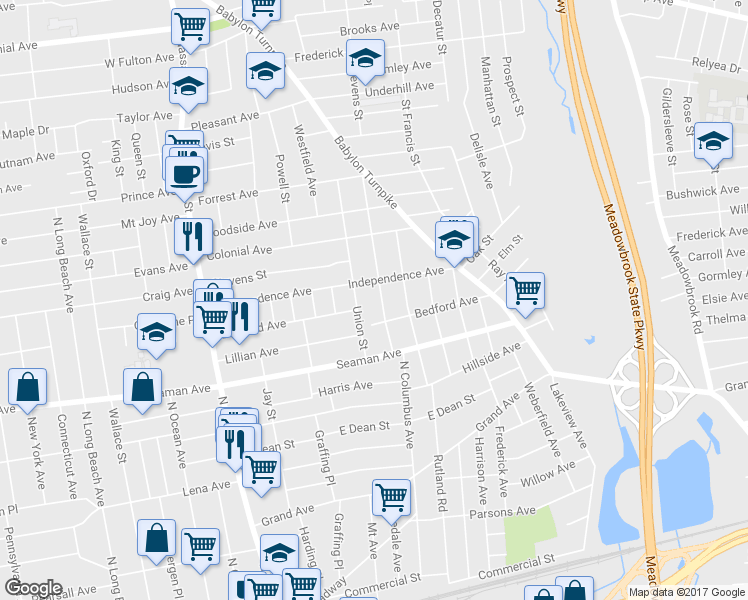 map of restaurants, bars, coffee shops, grocery stores, and more near 280 North Columbus Avenue in Freeport