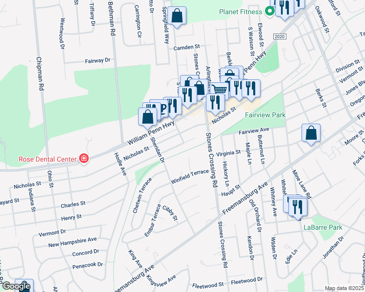 map of restaurants, bars, coffee shops, grocery stores, and more near 4104 Bayard Street in Easton