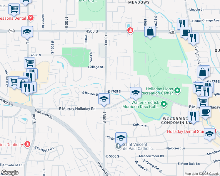 map of restaurants, bars, coffee shops, grocery stores, and more near 4688 Edwin Circle in Millcreek