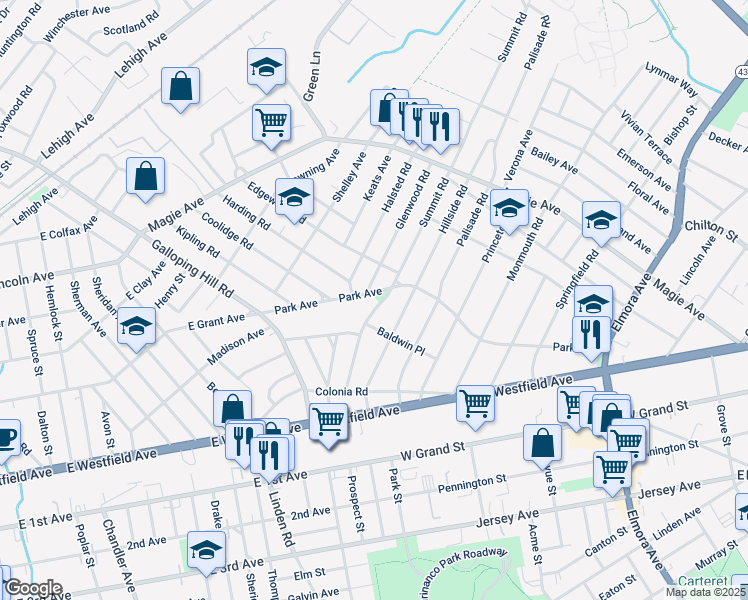 map of restaurants, bars, coffee shops, grocery stores, and more near 88 Summit Road in Elizabeth