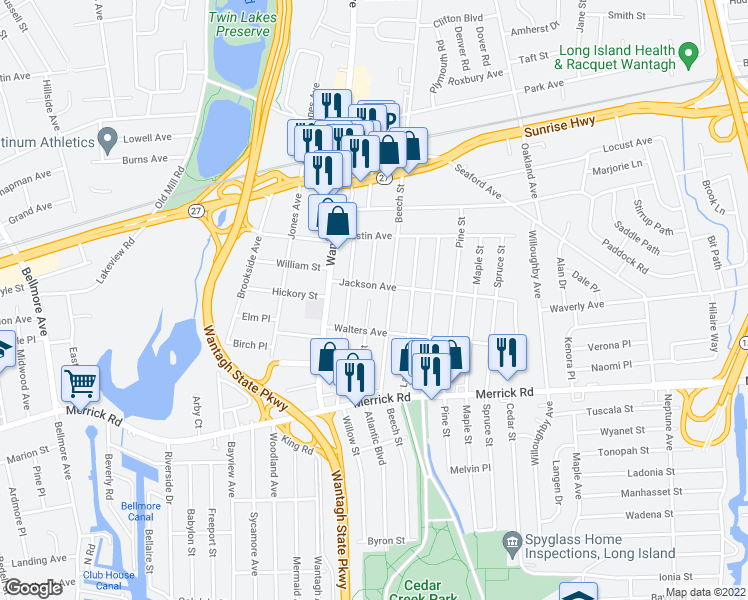 map of restaurants, bars, coffee shops, grocery stores, and more near 2145 Cypress Street in Wantagh
