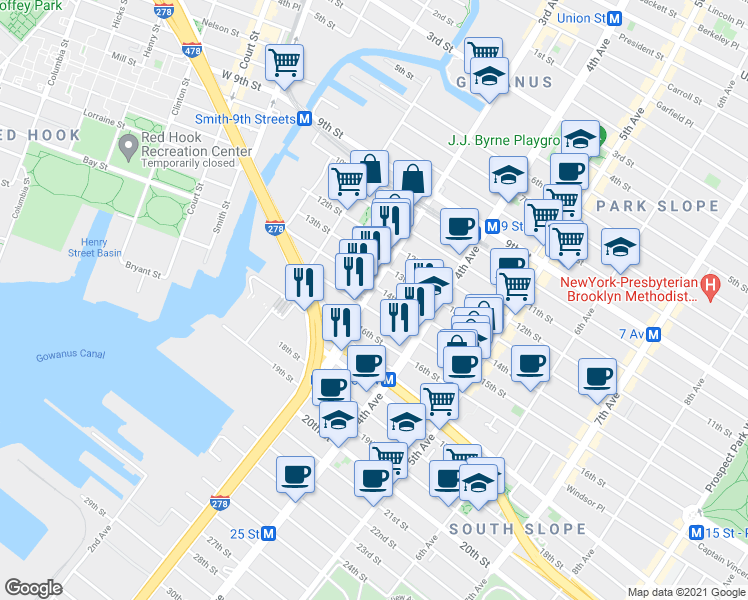 map of restaurants, bars, coffee shops, grocery stores, and more near 557 3rd Avenue in Brooklyn