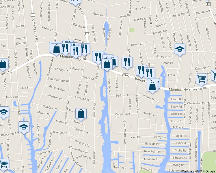 map of restaurants, bars, coffee shops, grocery stores, and more near 55 Riverside Ave in Amityville