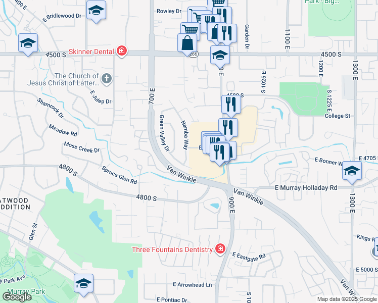 map of restaurants, bars, coffee shops, grocery stores, and more near 4687 Namba Way in Millcreek