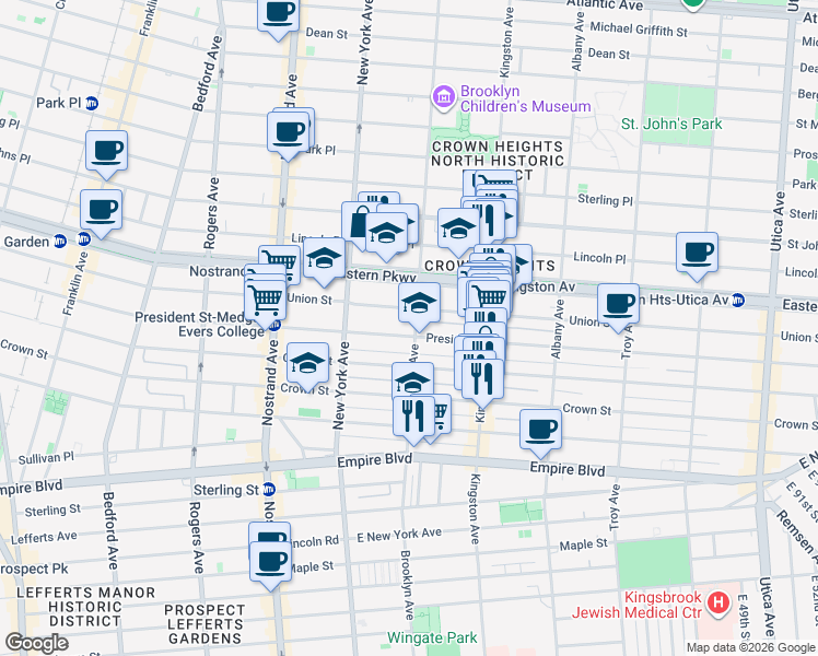 map of restaurants, bars, coffee shops, grocery stores, and more near 1327 President Street in Brooklyn