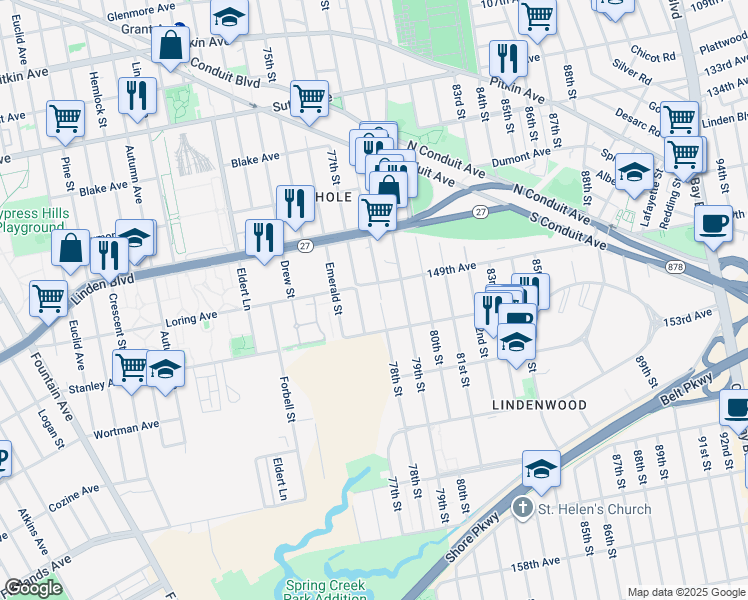 map of restaurants, bars, coffee shops, grocery stores, and more near 140 Sapphire Street in Brooklyn