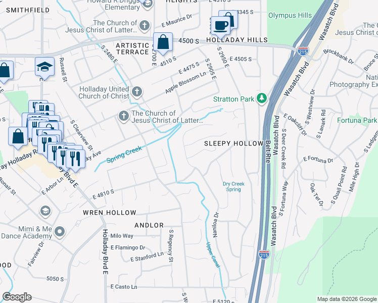 map of restaurants, bars, coffee shops, grocery stores, and more near 2839 East Naniloa Circle in Holladay