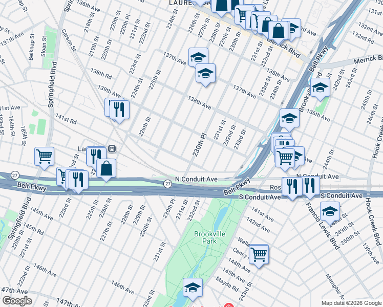 map of restaurants, bars, coffee shops, grocery stores, and more near 139-44 230th Place in Queens