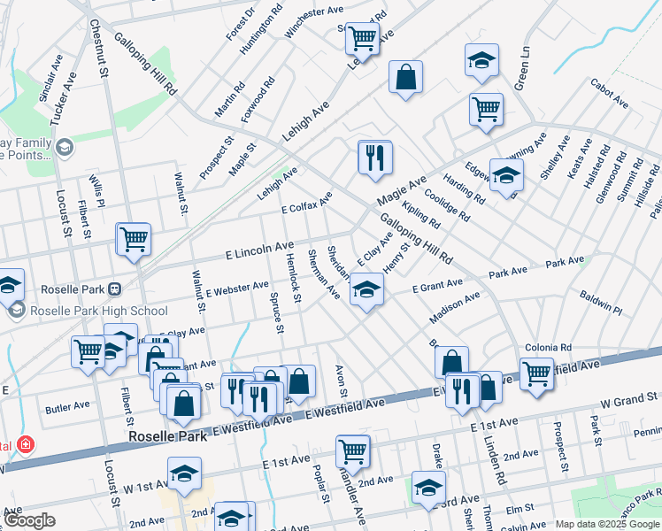 map of restaurants, bars, coffee shops, grocery stores, and more near 416 Sheridan Avenue in Roselle Park