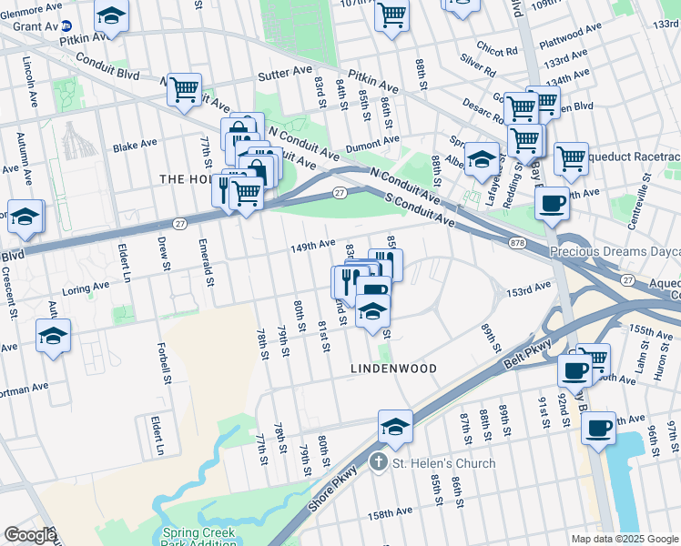 map of restaurants, bars, coffee shops, grocery stores, and more near 149-37 82nd Street in Queens