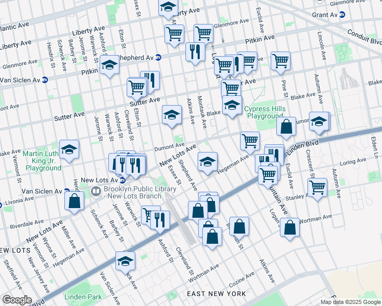map of restaurants, bars, coffee shops, grocery stores, and more near 884 New Lots Avenue in Brooklyn