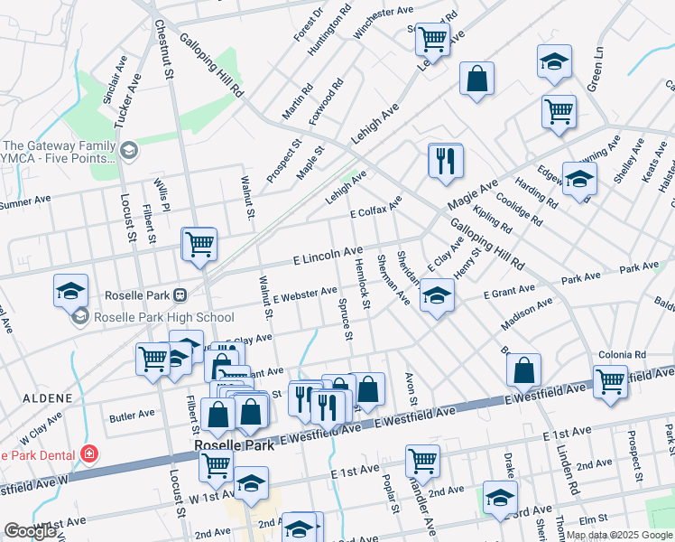 map of restaurants, bars, coffee shops, grocery stores, and more near 521 Spruce St in Roselle Park