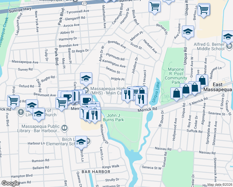 map of restaurants, bars, coffee shops, grocery stores, and more near 11 Harvard Street in Massapequa