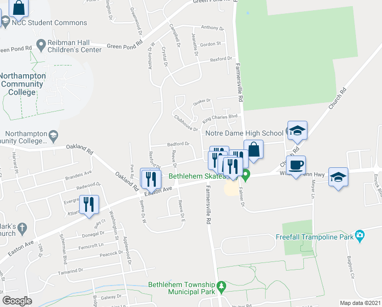 map of restaurants, bars, coffee shops, grocery stores, and more near 4218 Bedford Drive in Bethlehem