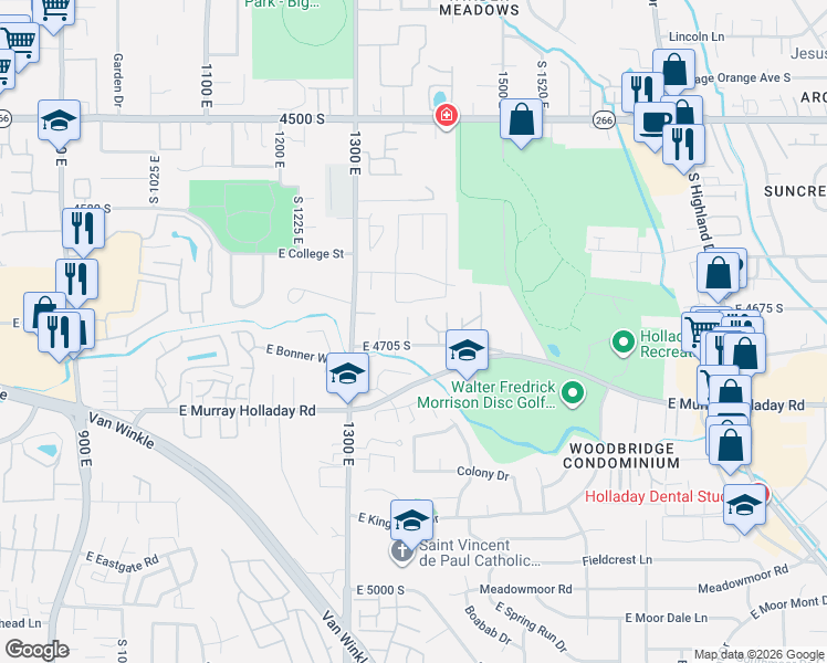 map of restaurants, bars, coffee shops, grocery stores, and more near 4687 Garden Spring Lane East in Millcreek