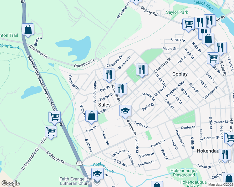 map of restaurants, bars, coffee shops, grocery stores, and more near 1205 Poplar Street in Coplay