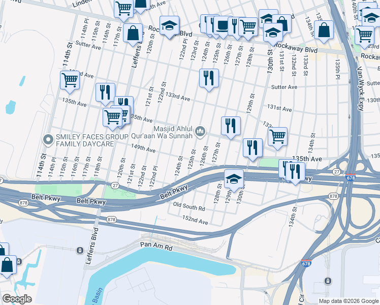 map of restaurants, bars, coffee shops, grocery stores, and more near 135-48 125th Street in Queens