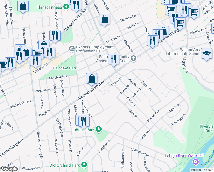 map of restaurants, bars, coffee shops, grocery stores, and more near 3245 Moore Street in Easton
