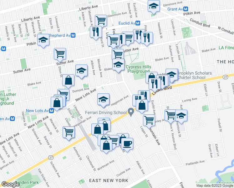 map of restaurants, bars, coffee shops, grocery stores, and more near 453 Milford Street in Brooklyn