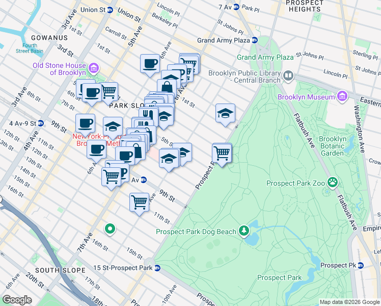 map of restaurants, bars, coffee shops, grocery stores, and more near 550 5th Street in Brooklyn