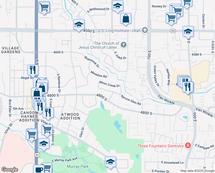 map of restaurants, bars, coffee shops, grocery stores, and more near 478 Moss Creek Drive in Murray
