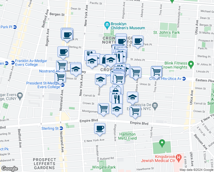 map of restaurants, bars, coffee shops, grocery stores, and more near 1363 President Street in Brooklyn
