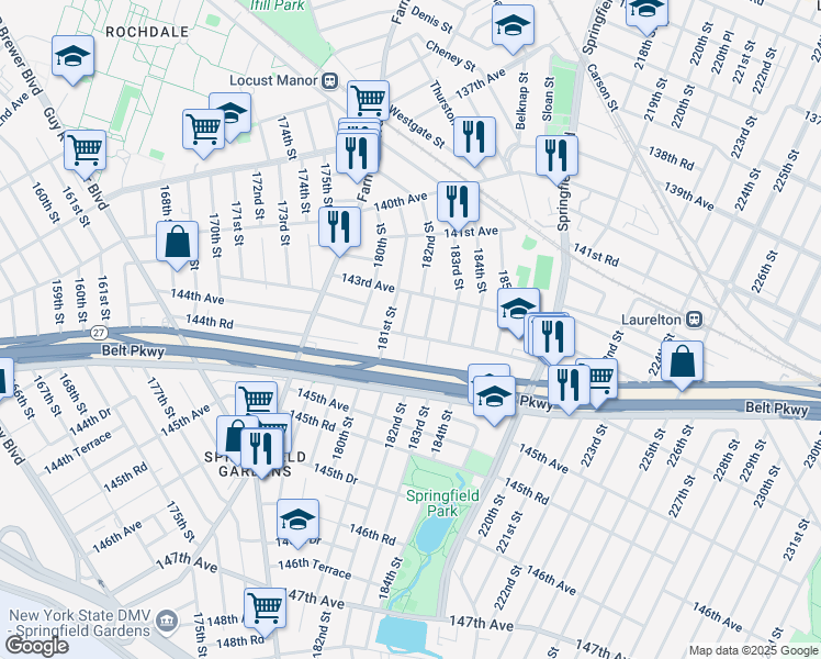 map of restaurants, bars, coffee shops, grocery stores, and more near 143-35 181st Place in Queens