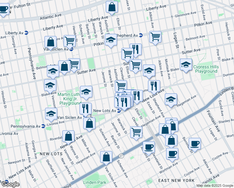 map of restaurants, bars, coffee shops, grocery stores, and more near 937 Dumont Avenue in Brooklyn